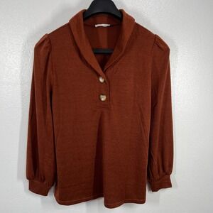 Messic Shawl Collar Blouse Puff Sleeve Button Front Top Rust‎ Brown Size Large